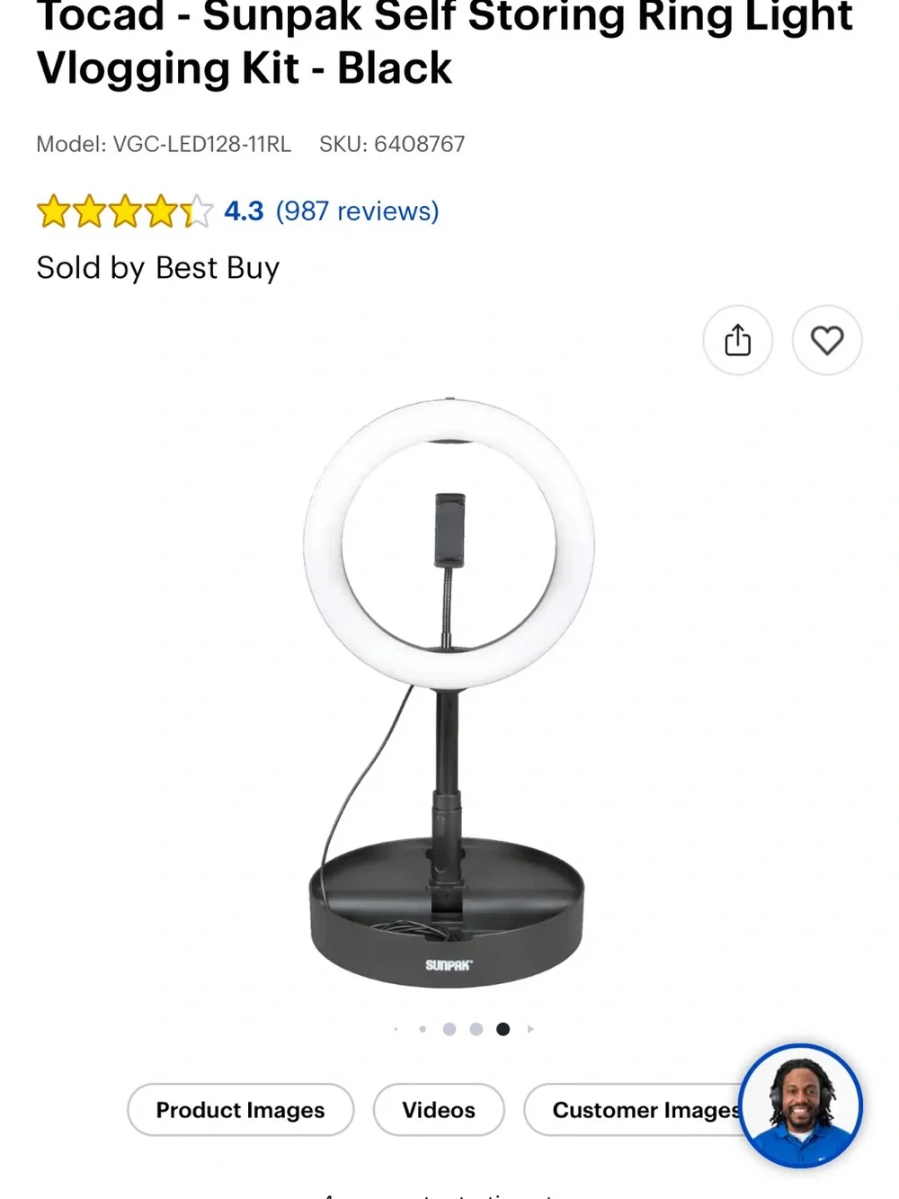 Black LED Ring Light Floor Lamp - Sunpak Vlogging Kit